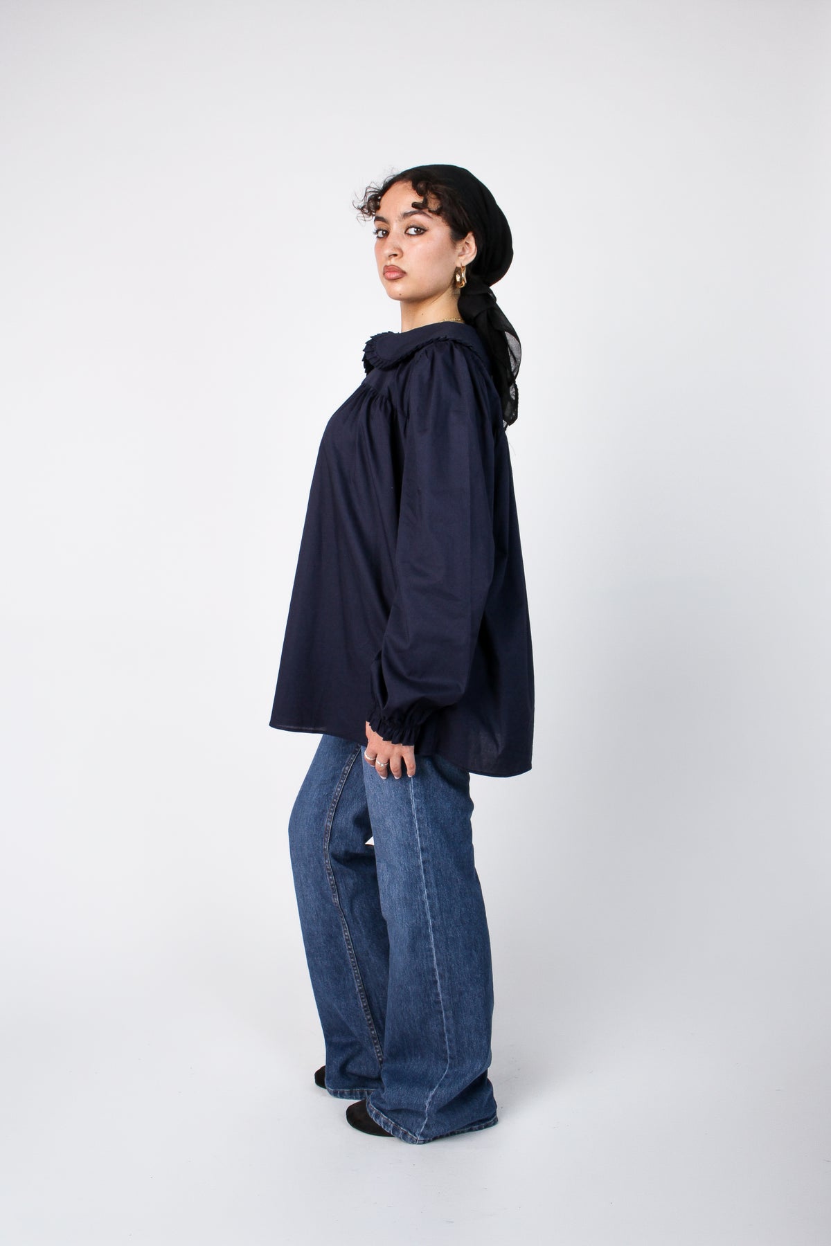 Margaret blue cotton babydoll blouse side view