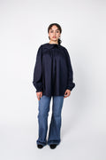 Margaret blue modest babydoll blouse with ruffled sleeves