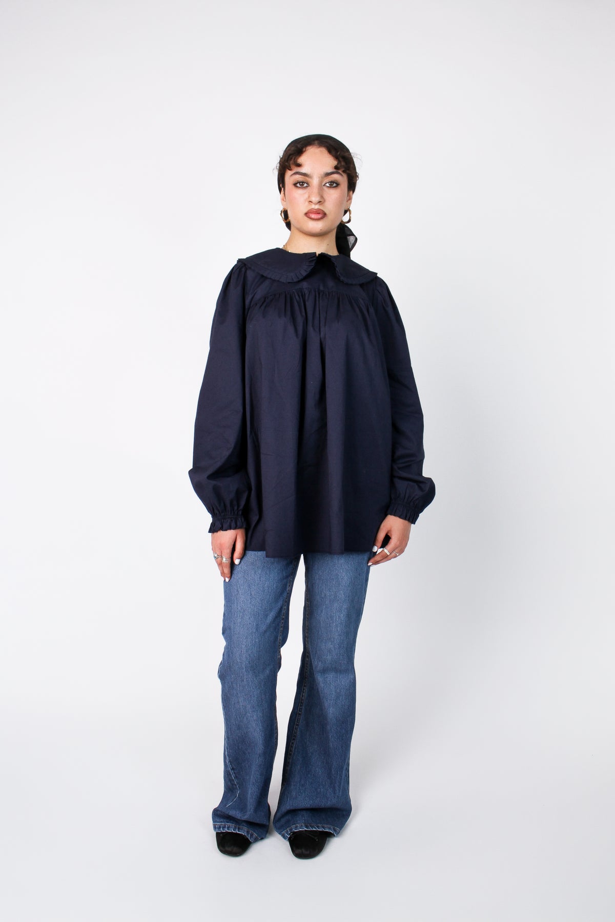 Margaret blue modest babydoll blouse with ruffled sleeves